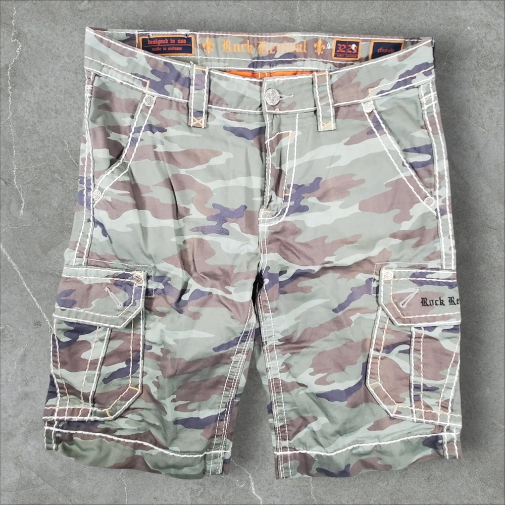 Rock Revival Cargo Shorts Mens 32 Sage Camo Heavy Stitch REC2478-204 Embroidered